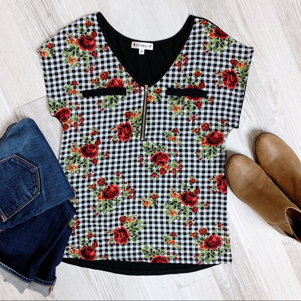 Agenda Gingham & Floral Blouse